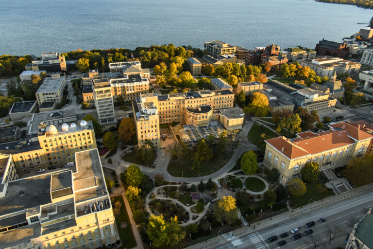 University of Wisconsin Madison campus from aerial footage in early morning sunshine.