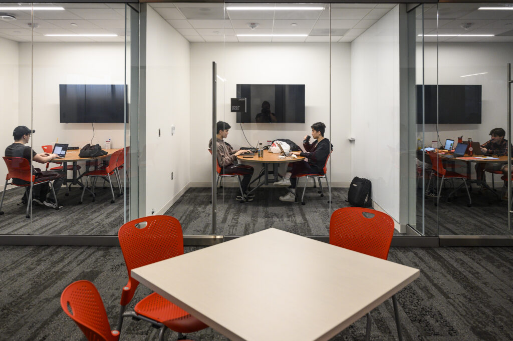 Students work in enclosed study areas in the Information Commons at the University of Wisconsin Madison.